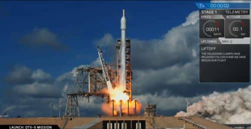 Launch of the US Air Force X-37B space plane using SpaceX's Falcon 9 launcher, September 7, 2017. Screenshot from a SpaceX video