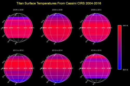רצף המפות של טמפרטורות הקרקע של טיטן שהוכנו על סמך מדידותיה של הקסיני בין 2016 – 2004. מקור: NASA/JPL-Caltech/GSFC.
