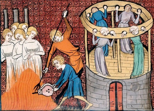איור מהמאה ה-14 המתאר עינוי ושריפת נשים שהואשמו בכישוף. מקור: Wikimedia.