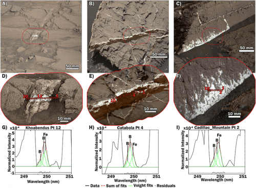 שלוש סלעים שבהם קיויוסיטי זיהה בורון באמצעות מכשיר רובה הלייזר ChemCam. מקור: מתוך המאמר - In situ detection of boron by ChemCam on Mars.