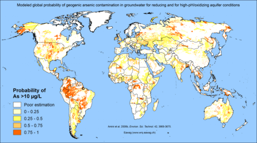 Contaminated soil is a worldwide problem Researchers at the Swiss Federal Institute for Water Science and Technology (Eawag) have created a map of arsenic danger in the world, based on the conditions that encourage the release of arsenic in the soil. The combination of oxygen-rich soil and alkaline water increases the risk of this in parts of Argentina and Chile. Soil rich in organic carbon compounds but low in oxygen, common in deltaic areas, such as northern India and Bangladesh and the Amazon basin, increases the risk in these places (although the data for the Amazon is not entirely reliable). (Source: "Statistical Modeling of Global Groundwater Arsenic Contamination," by Manocher Amini and colleagues, Journal of Environmental Science and Technology, Volume 42, Issue 10; May 15, 2008. Map courtesy of Michael Berg.)