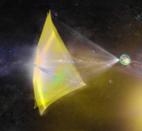 The simulation of a tiny spacecraft being pushed by laser beams from Earth to achieve a speed of about 20% of the speed of light and allow a relatively quick arrival to the nearby star Alpha Centauri. Source: Breakthrough Starshot.