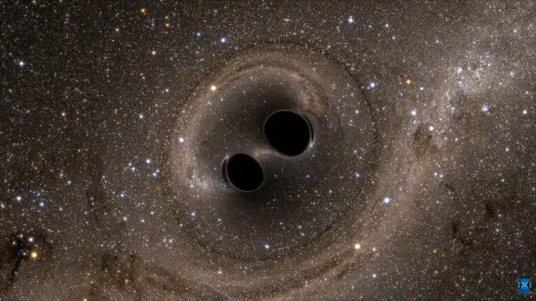 Simulation of the merger of two black holes, the existence of which was indicated by the gravitational waves recorded by LIGO in 2017. Source: The SXS (Simulating eXtreme Spacetimes) Project.