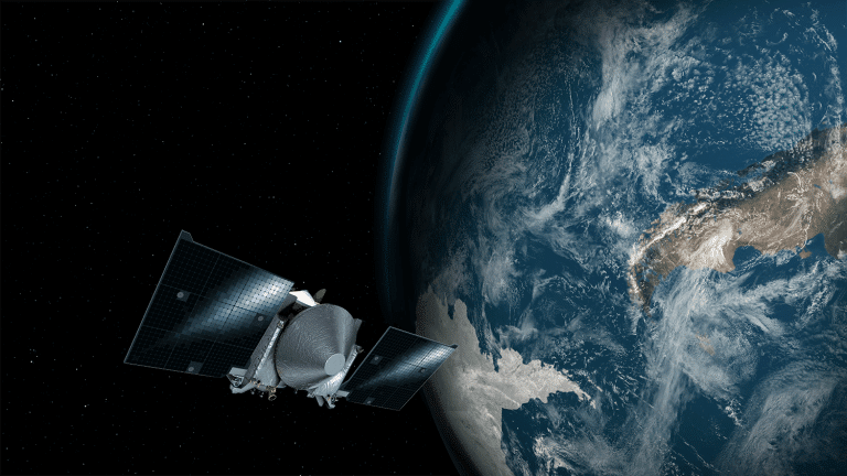 Simulation of the Osiris-Rex spacecraft approaching Earth. Source: NASA's Goddard Space Flight Center/University of Arizona.