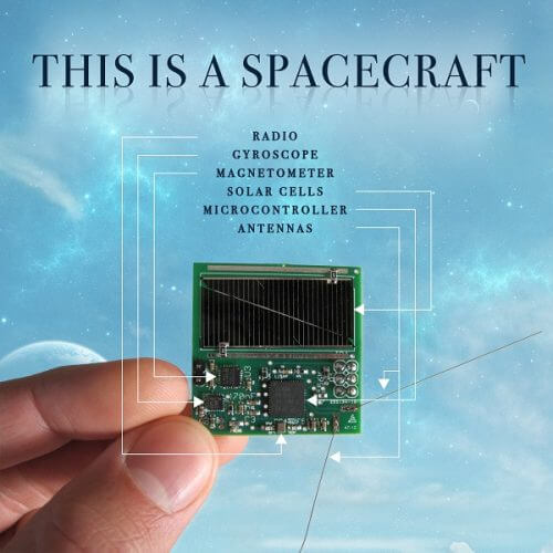 Pictured is a photo of a tiny satellite called Sprite, launched this year by the Breakthrough Starshot project. Space chips based on chips similar to those in smart phones could be pushed with a laser beam to a nearby star, and there, in a short flight over it, they would take pictures and collect other data. Source: Breakthrough Starshot.