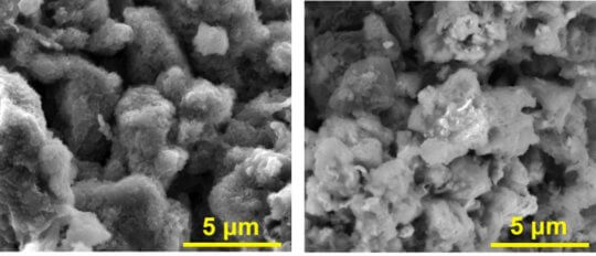 Scanning electron microscope images show an anode composed of asphalt, graphene nanoribbons, and lithium on the left; And the same material without lithium, on the right. The innovative composition, developed at Rice University, is a first step towards the development of charging devices capable of charging electric batteries and accumulators at a speed that is 20 times faster than what exists today. [Courtesy: Tour Group/Rice University]