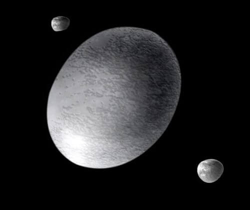 הדמייה של האומייה ושני ירחיו הקטנים, הייאקה ונאקאמה. מקור: NASA, ESA, and A. Feild (STScI).