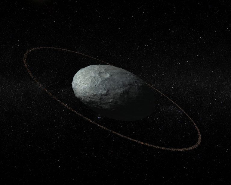 הדמייה של הטבעת הפלנטרית המקיפה את כוכב הלכת הננסי דמוי כדור הפוטבול, האומיה. מקור: IAA-CSIC/UHU.