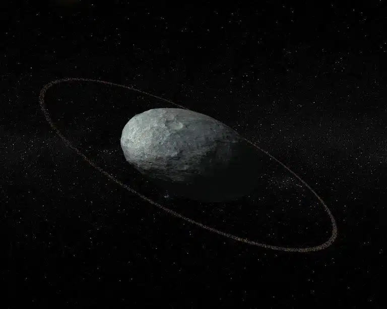 Visualization of the planetary ring surrounding the football-shaped dwarf planet, the Omiya. Source: IAA-CSIC/UHU.