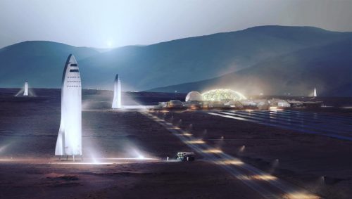 הדמייה של בסיס על מאדים, ובו מספר דגמים של ספינת הענק שאת פיתוחה אילון מאסק יוסם. מקור: Elon Musk / SpaceX.