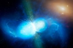 הדמיית התנגשות שני כוכבי ניטרונים קטנים אך דחוסים. ארוע נדיר שכזה צפוי ליצור הן גלי כבידה והן התפרצות של קרינת גמא, ששניהם נצפו ב-17 באוגוסט 2017. מקור: University of Warwick/Mark Garlick.