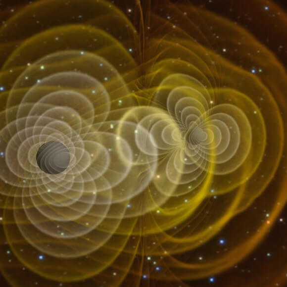 איור אמן של שני חורים שחורים מתמזגים אשר לפי התיאוריה הם המקור של גלי הכבידה. איור: Bohn, Throwe, Hébert, Henriksson, Bunandar, Taylor, Scheel / SXS