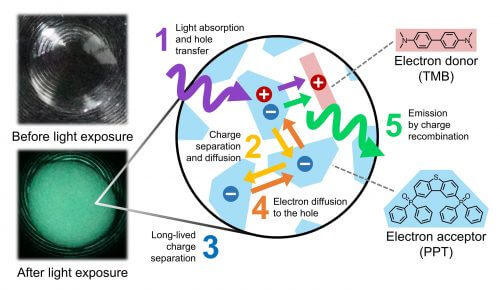 דסקית עגולה של חומרים הזוהרים בחשיכה מוצגת בתאורת סביבה חלשה (למעלה) ובחשיכה לאחר חשיפה לקרינה על-סגולה (למטה). התהליך כולל חמישה שלבים: (1) קליטת אור על ידי מולקולה קולטת אלקטרונים תוך כדי יצירת צמד של מטען חיובי (חור) ומטען שלילי (אלקטרון חופשי); (2) האלקטרון החופשי נודד למולקולות אחרות; (3) האנרגיה העודפת כתוצאה מקליטת האור מופרדת כעת לאורך מרחק רב יחסית; (4) בסופו של התהליך הצמד אלקטרון-חור מתמזג יחדיו; (5) והאנרגיה העודפת ממיזוג זה נפלטת בצורת אור. [באדיבות: Ryota Kabe and William J. Potscavage Jr.] 