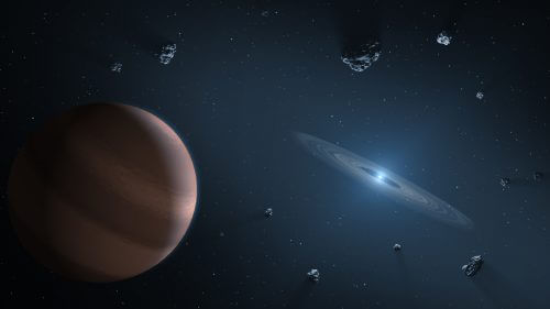  איור המראה כוכב לכת ודיסקת שפוכת מקיפים ננס לבן מזוהם. איור : NASA/JPL-Caltech
