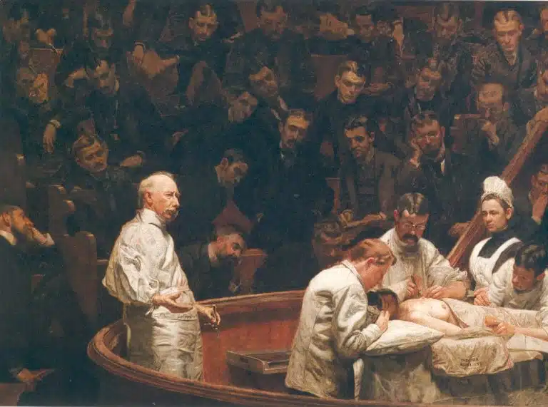 Agnew's Clinic, an 1889 painting by Thomas Eakins, depicts an American operating theater after the advent of general anesthesia. Source: Thomas Eakins.