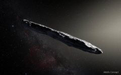 התרשמות אמן של האסטרואיד הבינכוכבי הראשון Oumuamua, עצם ייחודי שהתגלה ב-19 באוקטובר 2017 באמצעות טלסקופ Pan-STARRS בהוואי. איור: נאס"א