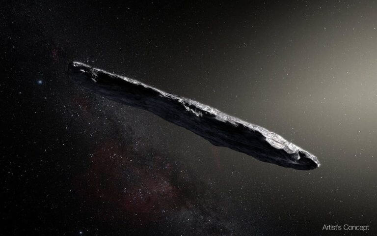 An artist's impression of the first interstellar asteroid Oumuamua, a unique object discovered on October 19, 2017 by the Pan-STARRS telescope in Hawaii. Image: NASA