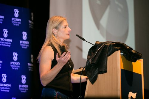 Prof. Lisa Randall in her lecture on dark matter and dinosaurs. Photo: Ruth Lower, Technion spokeswoman.