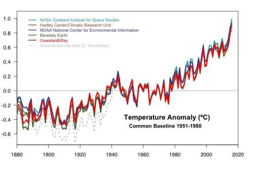 העלייה (או הירידה) של הטמפרטורה הגלובלית הממוצעת של השנים מאז 1880, ביחס לטמפרטורה הממוצעת של תקופת השנים 1951 - 1980. מקור: דף הטוויטר של גווין שמיט מנאס"א.