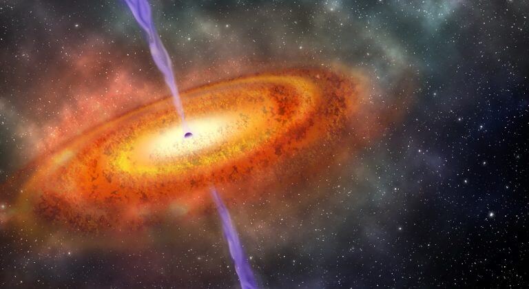 הדמיה של הקוואזר J1342+0928, הגלין הגלקטי הפעיל שמכיל במרכזו חור שחור סופר-מסיבי, עם מסה של פי 800 מיליון זו של השמש שלנו, הזולל חומר רב מדיסקה לוהטת הסובבת אותו. מקור: Robin Dienel/Carnegie Institution for Science.