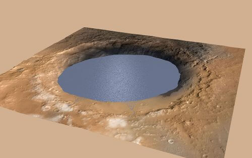 A simulation of Gale Crater filled with a lake of water, as the researchers estimate it was about 3.5 billion years ago. Source: NASA.