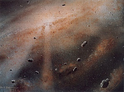 Dust particles and larger particles in the preplanetary disc that later became pentissimals - objects several kilometers in diameter from which the planets formed. Source: NASA.