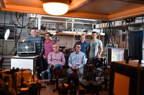 The members of the nanooptics group led by Prof. Hasman who are partners in the research. From right to left: Arkady Fireman, Michael Yanai, Prof. Erez Hasman, Dr. Vladimir Kleiner, Elhanan Magid and Igor Yulevitz. Photo: Nitzan Zohar, Technion Spokesperson.