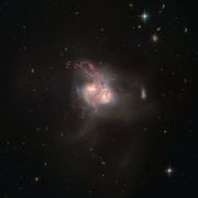 NGC 5256 - צמד גלקסיות בשלבים אחרונים של מיזוג. העצם הזה צולם בעבר על ידי טלסקופ החלל האבל ופורסם כחלק מאוסף של 59 גלקסיות מתנגשות ביום הולדתו ה-18 של טלסקופ החלל האבל, ב-24 באפריל 2008. הנתונים החדשים מראים בבהירות את הגז והאבק המסתחררים סביב הגלקסיה ובעיקר מרכזה הכפול באופן חד יותר. התמונה הזו היא הרכבה של נתונים שנאספו על ידי Advanced Camera for Surveys והמצלמה רחבת הזווית מס' 3. צילום: נאס"א/טלסקופ החלל האבל