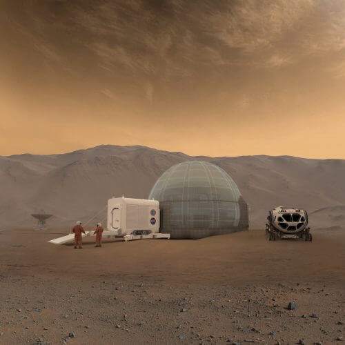 رسم توضيحي فني لمفهوم Mars Ice Home المقترح لبناء سكن مأهول على المريخ. المصدر: ناسا/Clouds AO/SEArch.