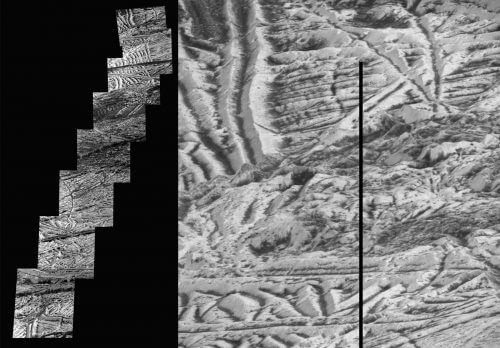 התמונות בעלות הרזולוציה הגבוהה ביותר שקיימות כיום מהירח אירופה, וצולמו על ידי הגשושית גלילאו ב-1997. בחלק השמאלי נראית תמונה עם רזולוציה של 6 מטר לפיקסל, והיא מופיעה גם בהקטנה כריבוע העליון בפסיפס שבחלק הימני. שאר החלקים מתמונת הפסיפס הימנית בעלי רזולוציה של 12 מטר לפיקסל. ניתן לראות כי פני השטח של אירופה מלאים בסדקים ורצועות רבות, הנובעים, להערכת החוקרים, מתנועה ותזוזה של לוחות בשכבת הקרח החיצונית של אירופה. מקור: נאס"א.