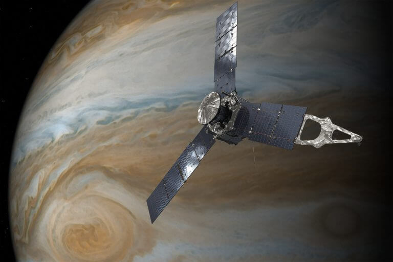 Imaging of the Juno spacecraft above the Great Red Spot of Jupiter (seen in the lower left of the image). Source: NASA/JPL-Caltech.