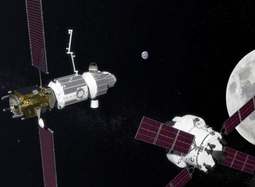 הדמייה של תחנת החלל הירחית, Deep Space Gateway, שנאס"א מציעה כתחנת מעבר למשימות לקרקע הירח או למשימות למאדים. מקור: NASA.