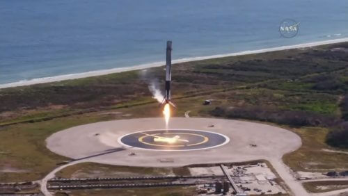 The used first stage of the Falcon 9 makes a landing on the landing pad at Cape Canaveral, its second successful landing, and the company's 20th. Source: screenshot from the NASA YouTube channel.