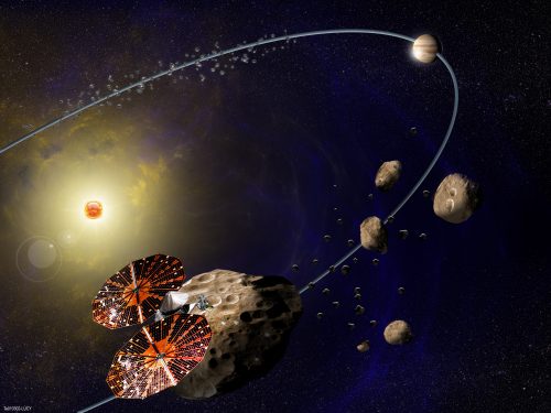 An (unrealistic) illustration of Lucy near some of Jupiter's Trojan asteroids. Source: SwRI.