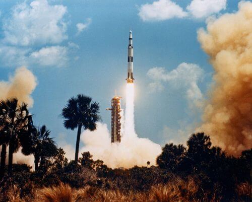 The launch of Apollo 16 towards the moon, aboard the Atlas 5 launcher. Young served as mission commander, and stayed on the moon for 71 hours in April 1972.