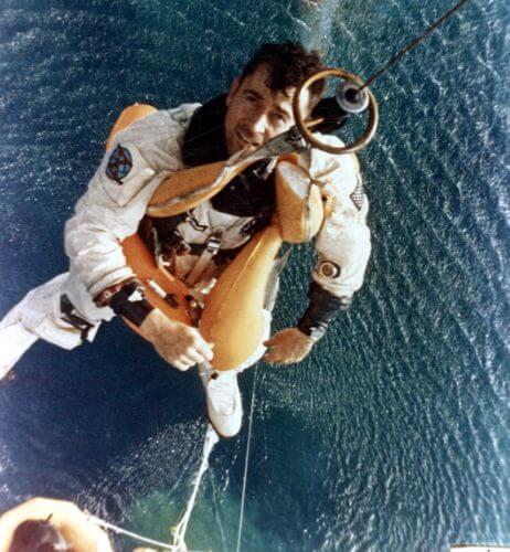 Young is rescued from the sea at the end of the Gemini 10 mission, July 21, 1966. Source: US Navy.
