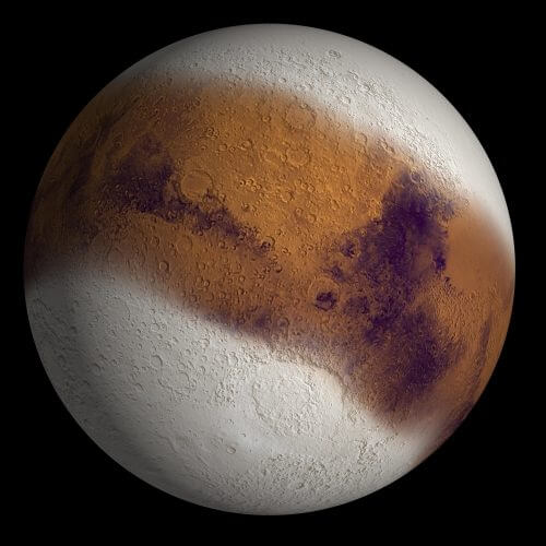 הדמייה של מאדים כפי שהוא עשוי להיראות בתקופה בה נטיית ציר הסיבוב העצמי שלו גבוהה מאד, ובעקבות כך הקטבים מתחממים וקרח מהגר מהם לקווי רוחב נמוכים יותר. מקור: NASA/JPL/Brown University.