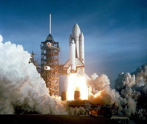 The first space shuttle flight, STS-1, April 12, 1981, commanded by Young. Source: NASA.