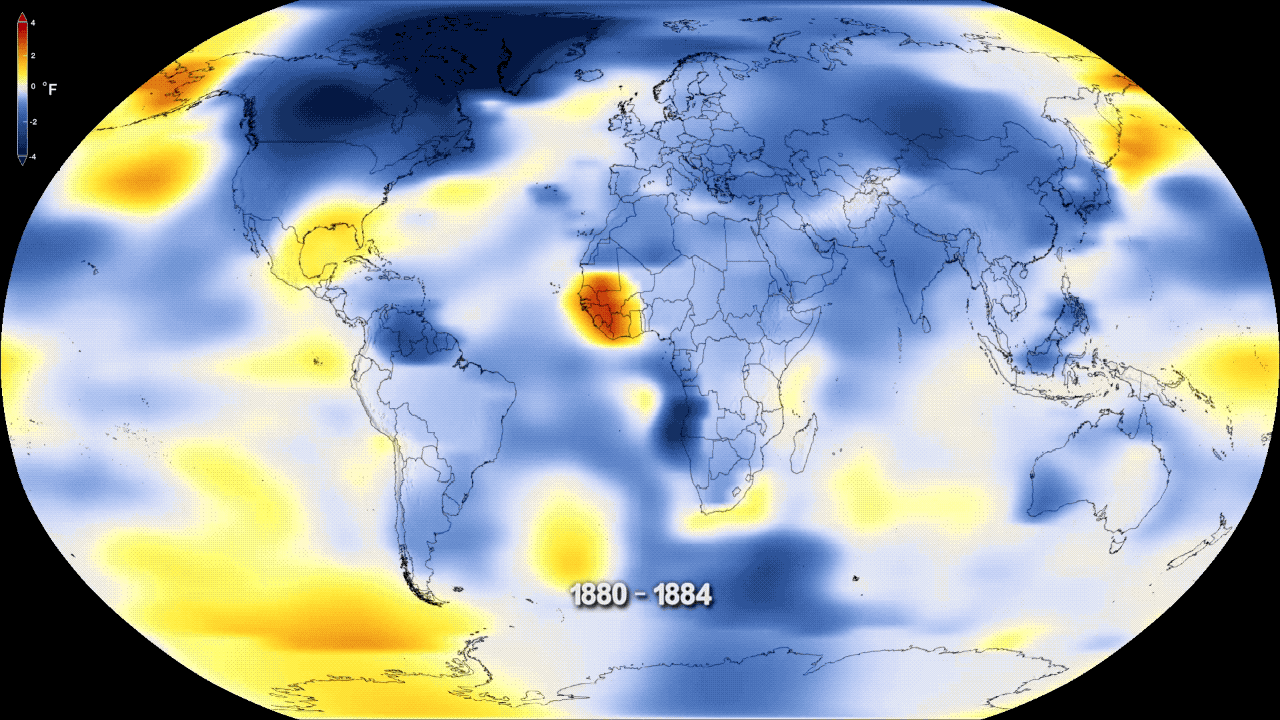 ההתחממות הגלובלית מאז 1880, לפי נתוני נאס"א. צבע אדום מסמל טמפרטורה ממוצעת מעל הממוצע של תקופת השנים 1951 - 1980. צבע כחול מסמל טמפרטורה נמוכה יותר. מקור: NASA's Goddard Space Flight Center.