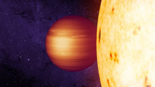 הדמיית אמן מראה את הפלנטה החוץ-שמשית הגזית CoRoT-2b עם נקודה חמה לכיוון מערב במסלול סביב הכוכב המארח שלה. קרדיט: NASA/JPL-Caltech/T. Pyle (IPAC)