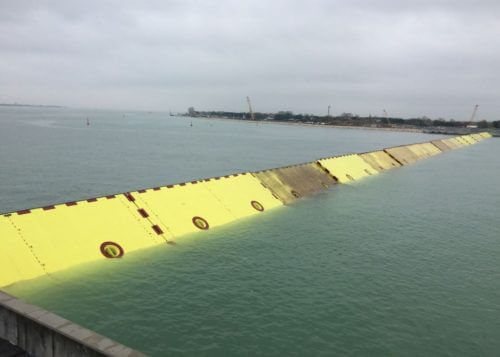 The MOSE project is designed to delimit the sea outside the lagoon and prevent it from flooding the city during storms and tidal currents. Source: project website.