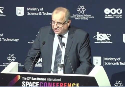 Director General of the Ministry of Science and Technology Peretz Wezan at the 13th Ilan Ramon Space Conference, held at Tel Aviv University on January 29-30, 2018. Screenshot