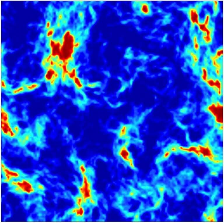 תבנית של גלי הרדיו בשמיים שנוצרת מהשילוב של קרינה מהכוכבים הראשונים והשפעת החומר האפל. האזורים הכחולים הם אלה שבהם החומר האפל קירר במיוחד את החומר הרגיל. מקור: פרופ' רנן ברקנא.