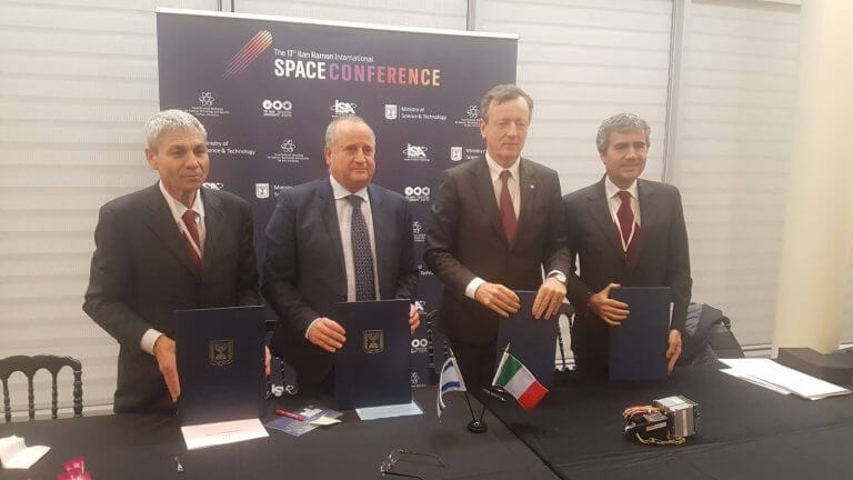 From right to left - Italy's Deputy Ambassador to Israel, Director of the Italian Space Agency Prof. Roberto Battiston, Director General of the Ministry of Science Peretz Vezan, and Director of the Israel Space Agency Avi Blasberger at the signing ceremony for the collaboration between the Italian and Israeli space agencies and Space Pharma, February 2018. Photo: Yossi Yamin