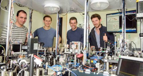 From the right: Ran Finkelstein, Dr. Ofer Furstenberg, Or Lahad and Dr. Ilon Foam. photons are released. Source: Weizmann Institute magazine.