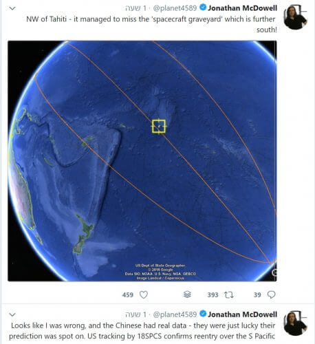 מקום נפילתה של תחנת החלל הסינית טיאנגונג 1. מתוך חשבון הטוויטר של ג'ונתן מקדוקל, חוקר במכון הארווארד סמיתסוניאן לאסטרונומיה. מתוך טוויטר