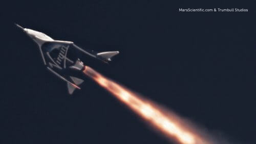 טיסת הניסוי השביעית של החללית יוניטי של וירג'ין גלקטיק, ב-5 באפריל 2018, הטיסה הראשונה בה נוסו המנועים הרקטיים המתוכננים להעלות את מטוס החלל לתת-מסלול, מאז התרסקות החללית אנטרפרייז ב-2014. צילום יח"צ, וירג'ין גלקטיק