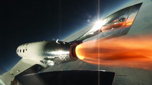 טיסת הניסוי הראשונה של החללית יוניטי של וירג'ין גלקטיק שבה הופעלו המנועים הרקטיים, 5 באפריל 2018. צילום יח"צ, וירג'ין גלקטיק