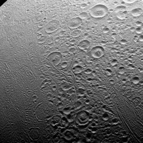 Close-up of Enceladus' north pole. Source: NASA.
