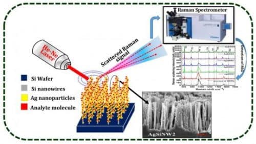 Detection of extremely low concentrations of a test substance molecule using silicon nanowires to which silver nanoparticles are anchored [courtesy of VS Vendamani]